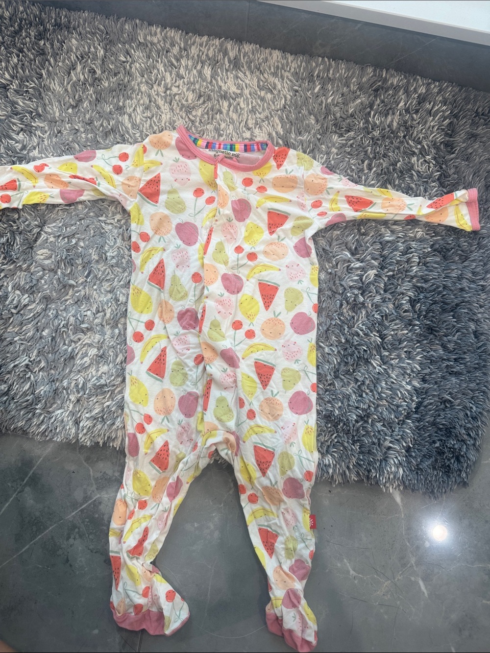 Magnetic Me Fruit-Print Footed One-Piece — Pink, Yellow, Green, Orange